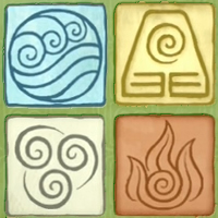 Image shows the symbols for water, earth, air, and fire bending 