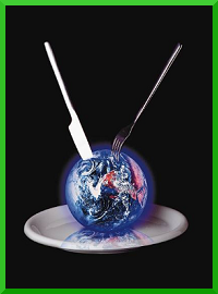 Image shows a fork and knife cutting the Earth on a paper plate