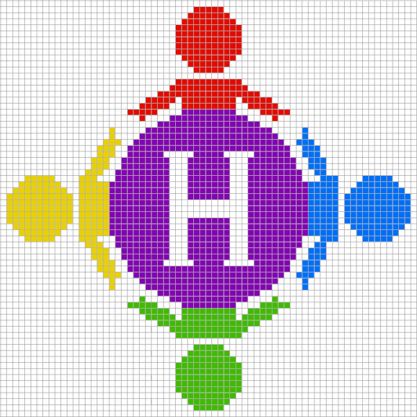 White H in purple circle surrounded by 4 figures in red, yellow, green, and blue cross-stitch pattern
