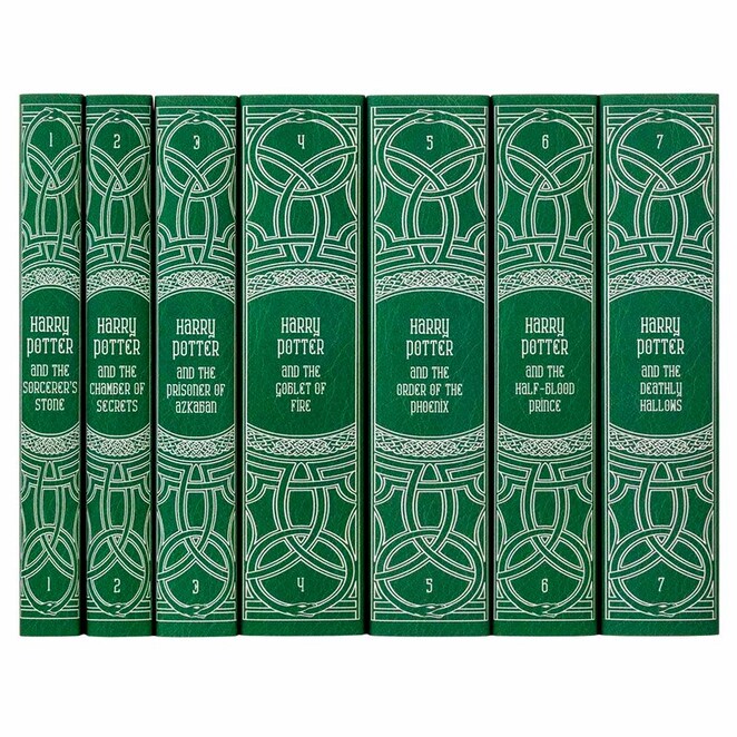 Spines of the Slytherin edition of the Harry Potter series