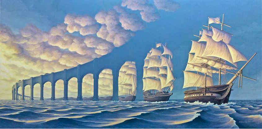 Painting of bridge transforming into a ship under white clouds and on the ocean.