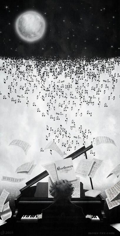 Beethoven playing the piano with notes flying up to form the night sky.