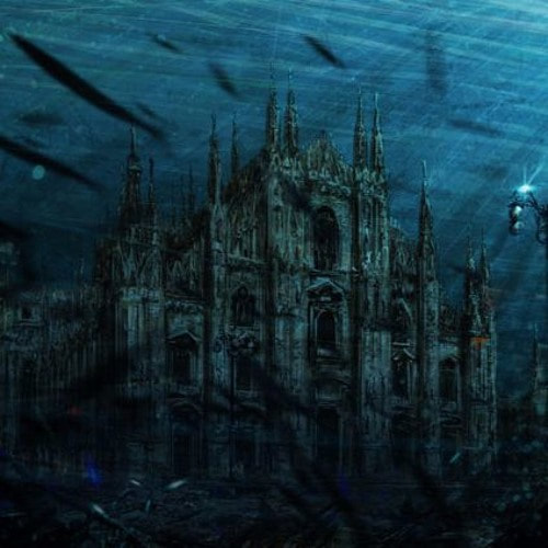Artwork of a cathedral underwater