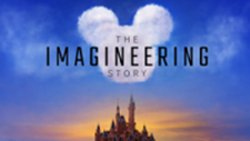 "The Imagineering Story" with a cloud Mickey head over Cinderella's castle