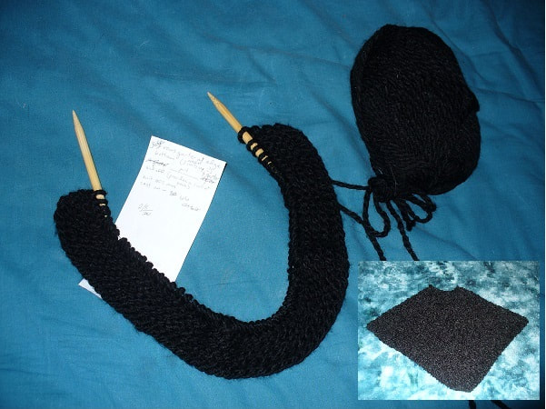 Knitting project near the beginning and the finished product.