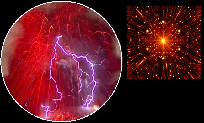 Photo of volcanic eruption next to red kaleidoscope