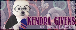 A white, cute dog in the corner wearing a Ravenclaw tie and robes. Purple background with hearts, large pink letters that say 