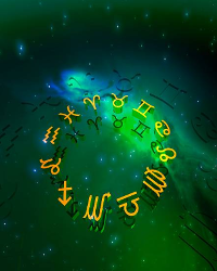 Image shows yellow horoscope symbols on a starry green background