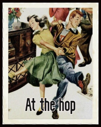 Illustration of a couple dancing. Caption reads "At the hop"