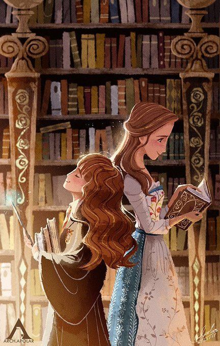 Drawing of Hermione and Belle back to back in a library