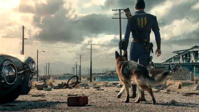 Fallout avatar with dog walking into a deserted town