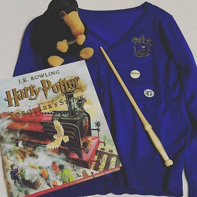 Illustrated Harry Potter and the Sorcerer's Stone, Ravenclaw cardigan, stuffed Niffler, and wand